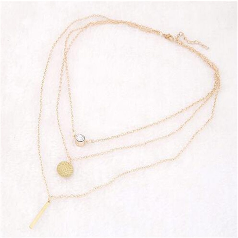 Gold Layered Chain Crystal Coin Bar Necklace - Picture 2 of 7